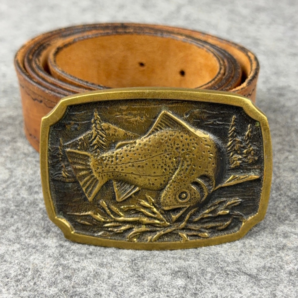 VTG BTS Belt Mens 34 Brown Trout Fish Solid Brass Buckle Leather Western 70s 80s